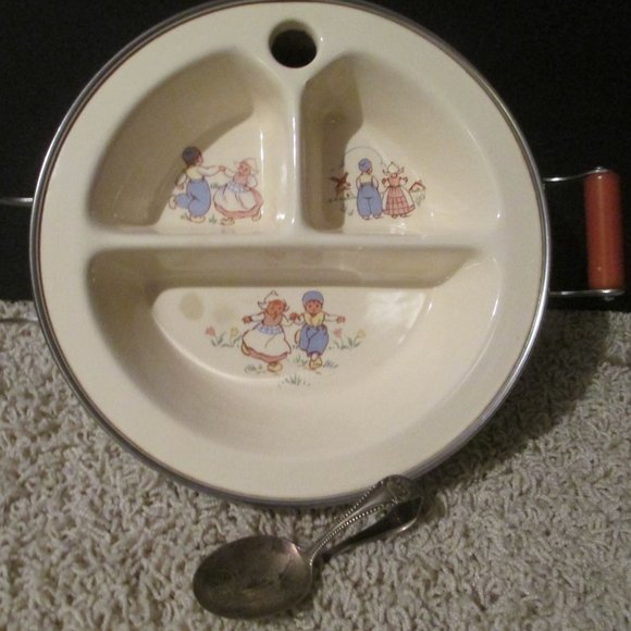 Vintage Baby Divided Warming Dish Excello Chromium w/Curved Silver Baby Spoon - Picture 2 of 10